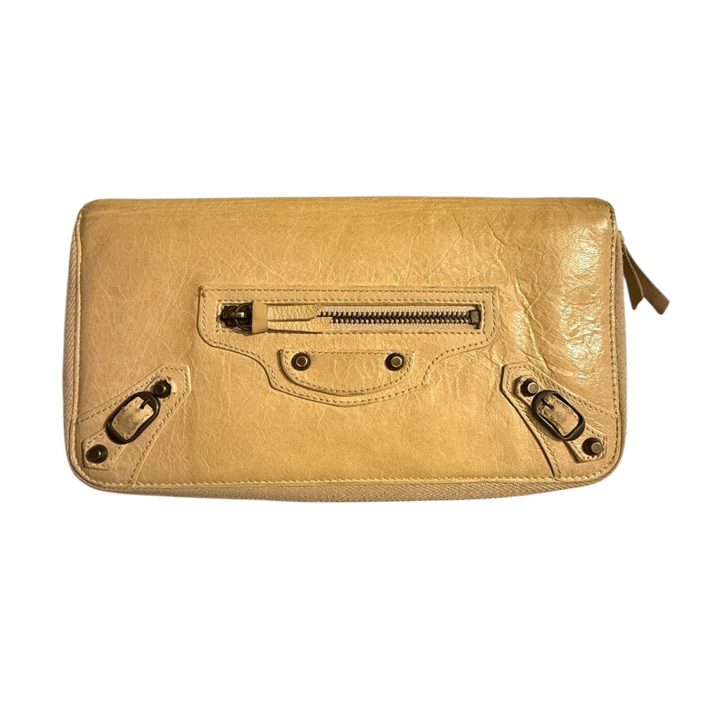 BALENCIAGA PARIS Motocross Continental Wallet in a beige distressed leather.